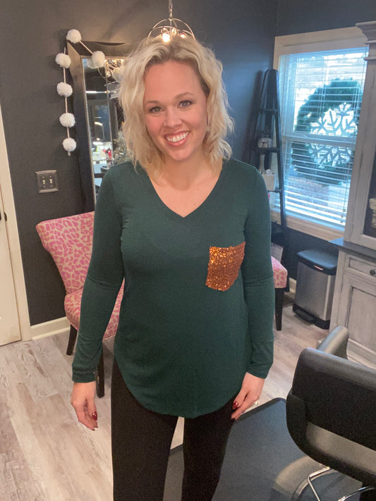 V-Neck Front Sequin Pocket Top