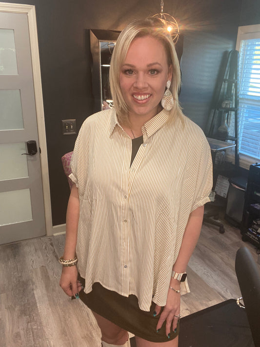 Tan Striped Button Down Blouse