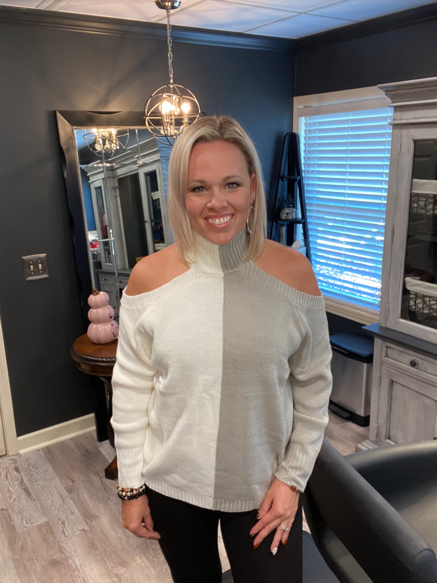 Color block cold shoulder sweater