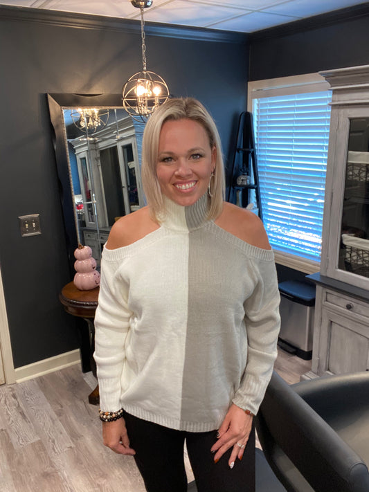 Color block cold shoulder sweater
