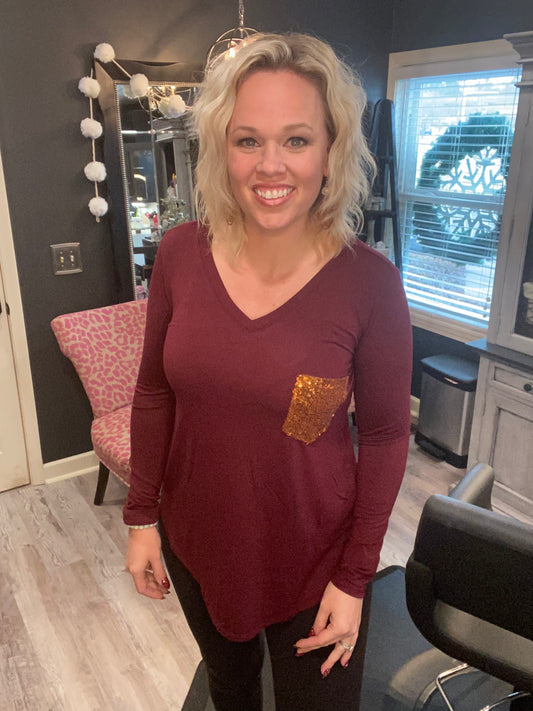 V-Neck Front Sequin Pocket Top