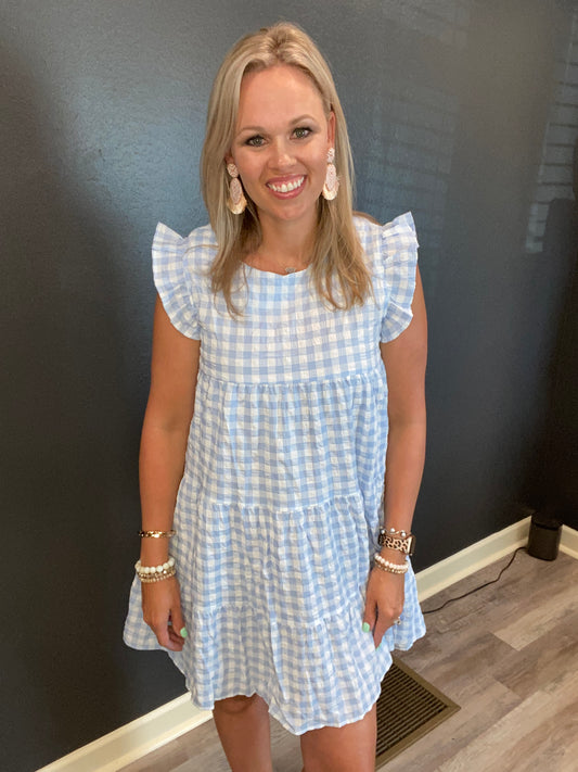 Blue White Gingham Tiered Dress