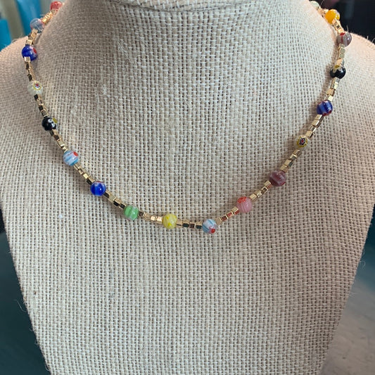 Red and Blue/ Multi Colored Boho beaded necklace