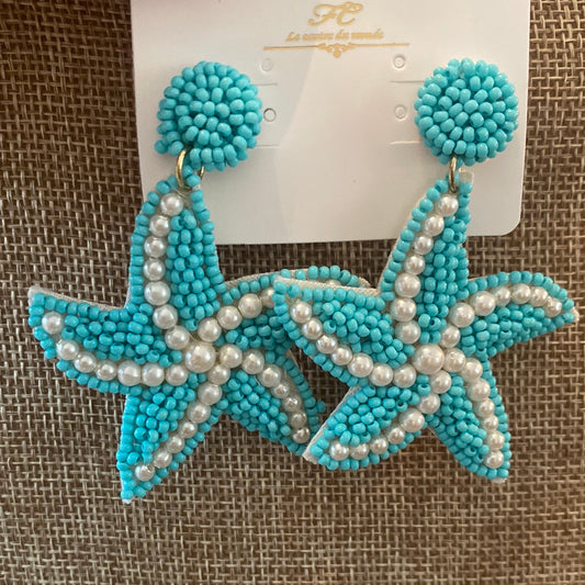 Aqua and Pearl Starfish Earrings