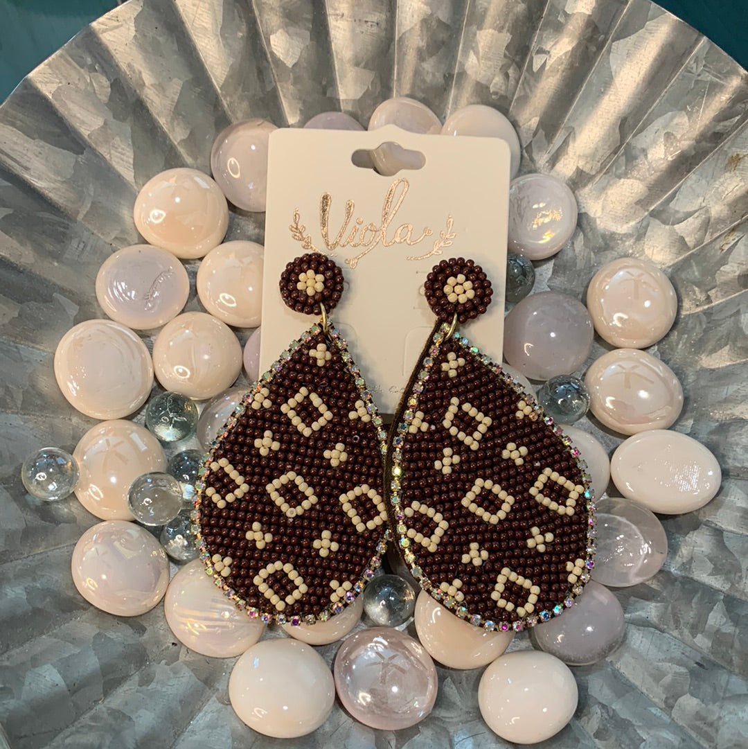 Cream and brown beaded earrings