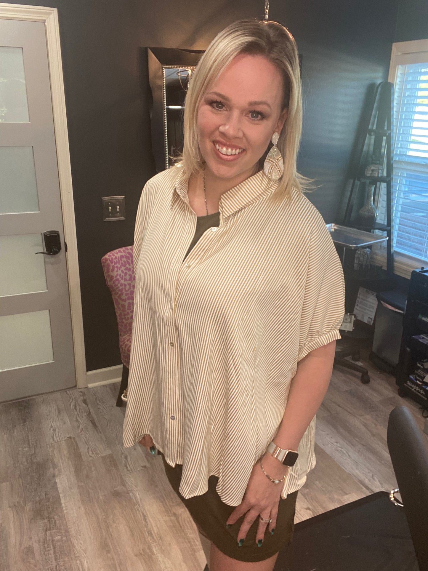 Tan Striped Button Down Blouse