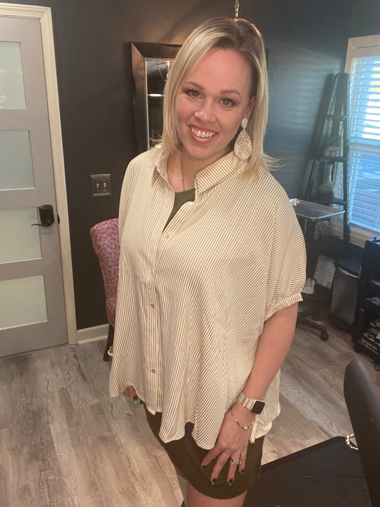 Tan Striped Button Down Blouse