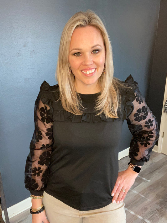Black Sheer Flower Sleeved Top
