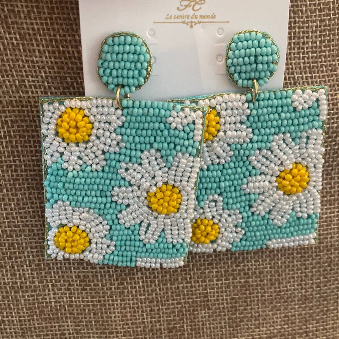 Mint Rectangle Seed Bead Flower Earrings