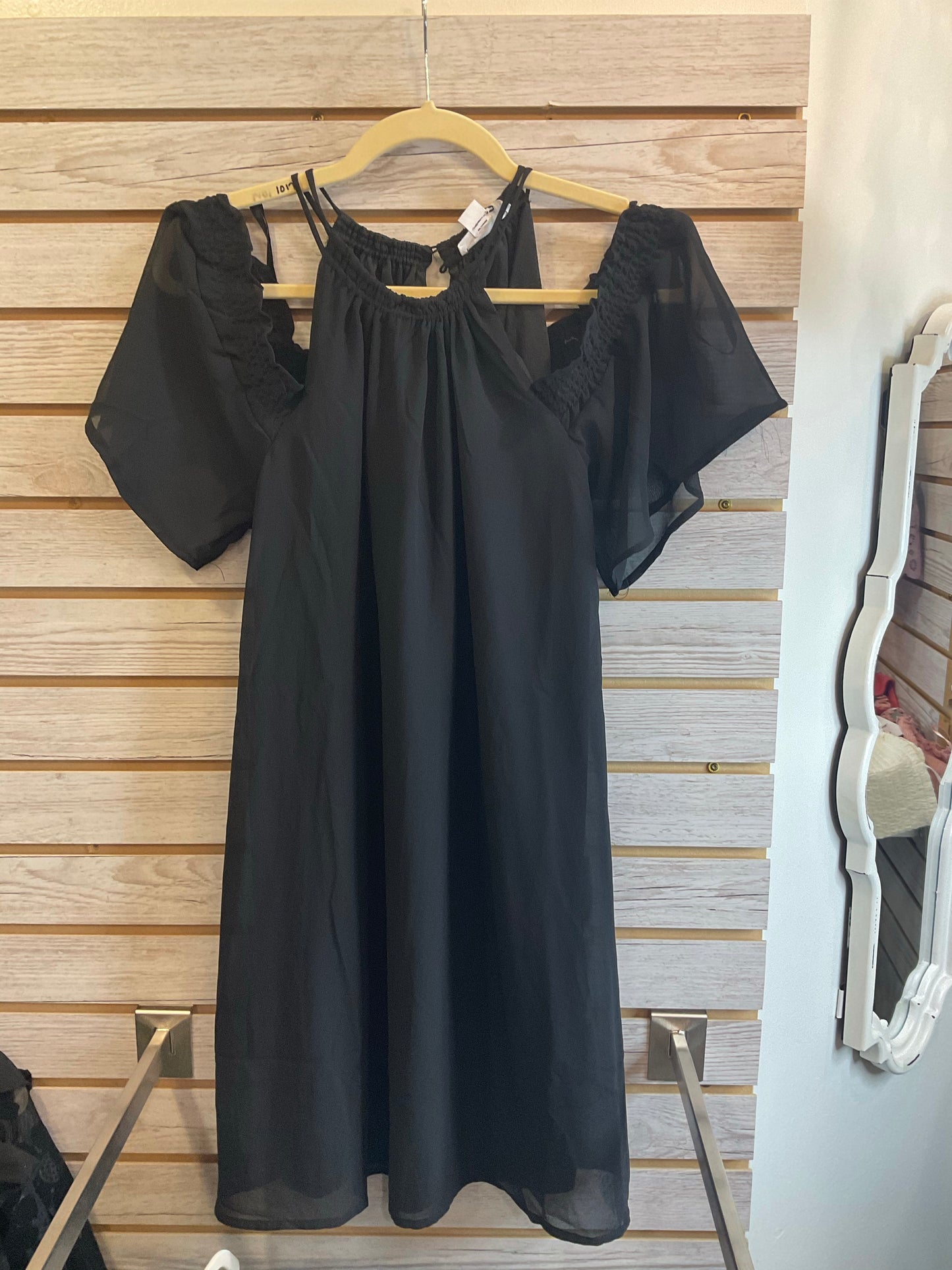 Cold shoulder dress with the sheer overlay